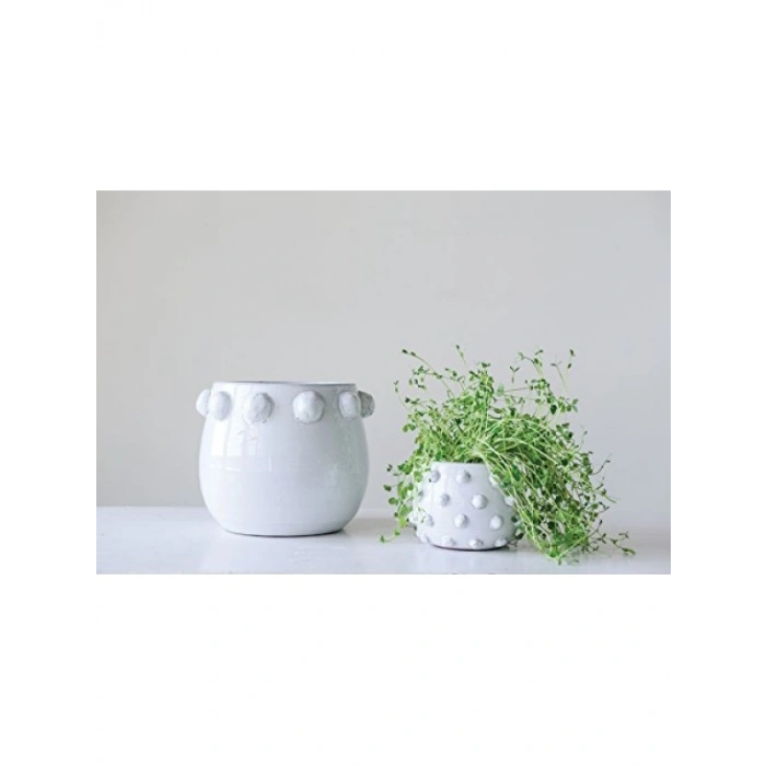 Kabartma Tasarımlı Beyaz Terakota Saksı