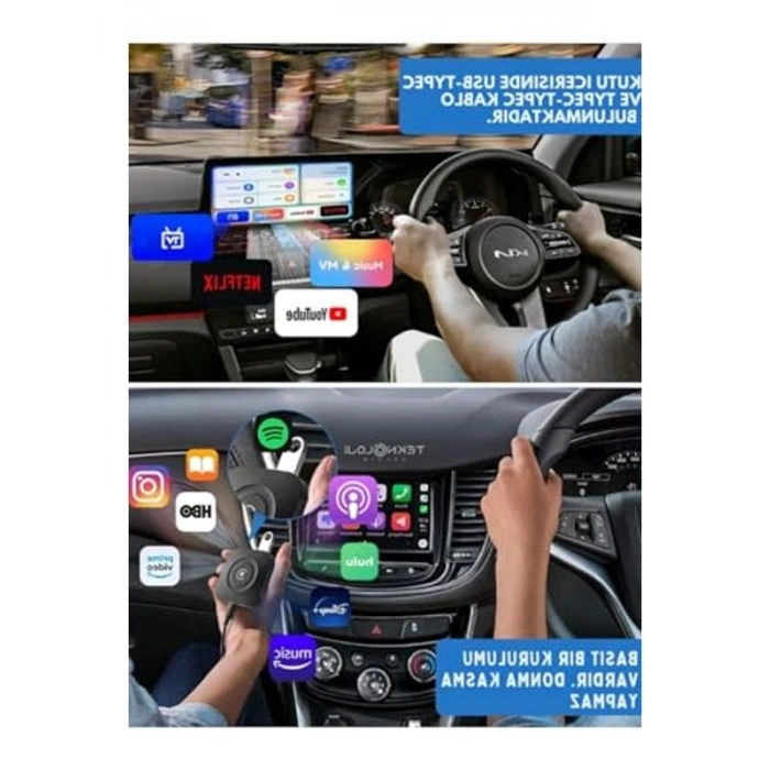 Kablosuz CarPlay ve Android Auto Adaptörü, 2GB RAM 32GB ROM, Türkçe Arayüz, Netflix ve YouTube Destekli