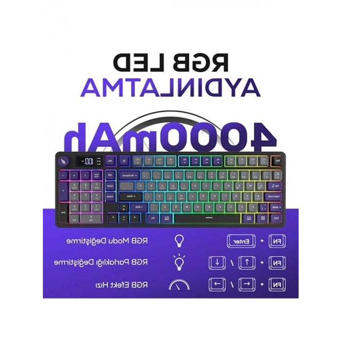 Kablosuz Gaming Klavye, Membran LCD RGB Aydınlatma ile Modern Tasarım