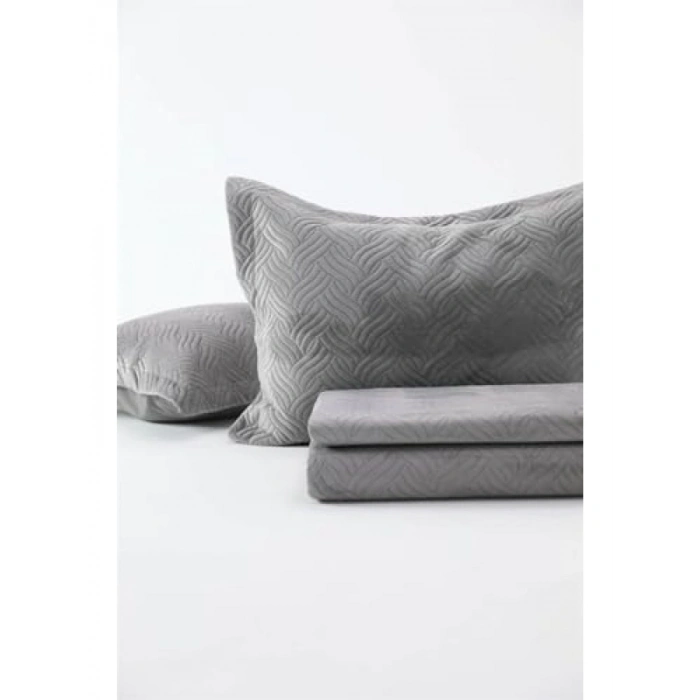 Kadife Çift Kişilik Yatak Örtüsü Takımı - Gri (240 x 260 cm)