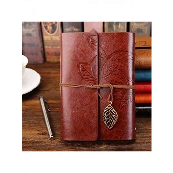 Kahverengi Deri Defter Yaprak Desenli
