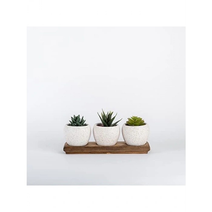 Kahverengi Granit Desenli 3lü Saksı, Ahşap Standlı