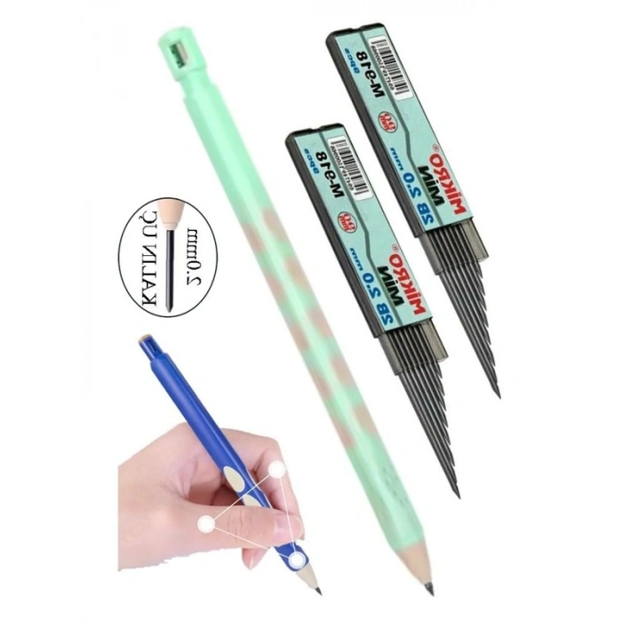 Kalın Uçlu Mekanik Kalem Seti, 2.0 mm Açık Yeşil ve Siyah Renk