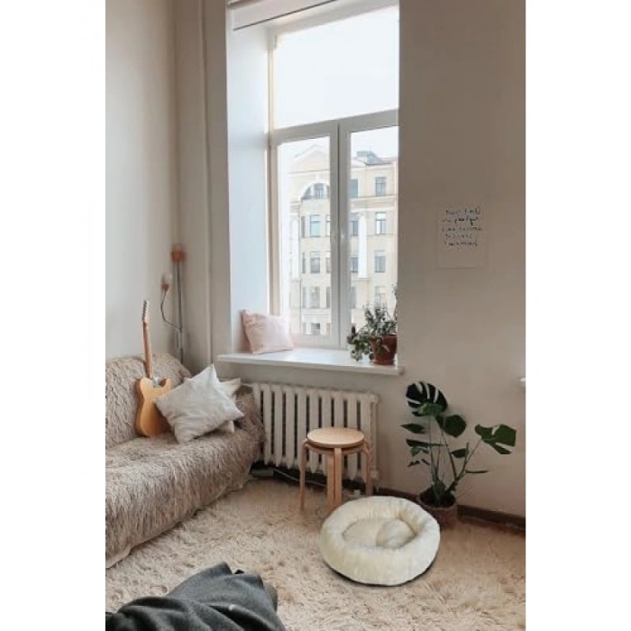 Kaliteli Kedi Köpek Simit Yatağı, Beyaz, 80x80 cm