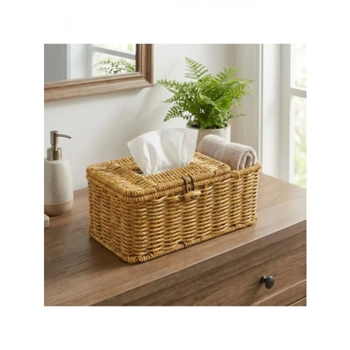 Kapaklı Doğal Rattan Görünümlü Hasır Organizer Sepet, 24x10x10 cm