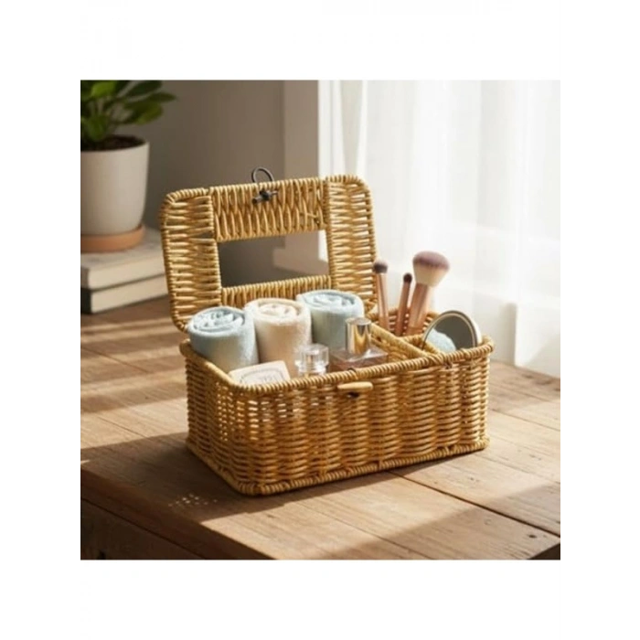 Kapaklı Doğal Rattan Görünümlü Hasır Organizer Sepet, 24x10x10 cm