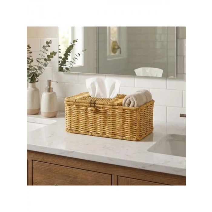 Kapaklı Doğal Rattan Görünümlü Hasır Organizer Sepet, 24x10x10 cm