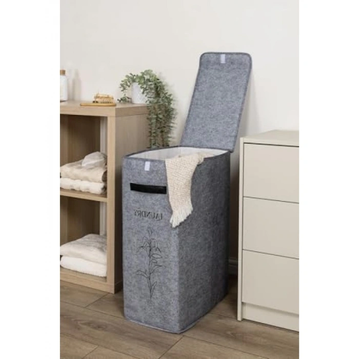 Kapaklı Keçe Deri Detaylı Şık Çamaşır Sepeti