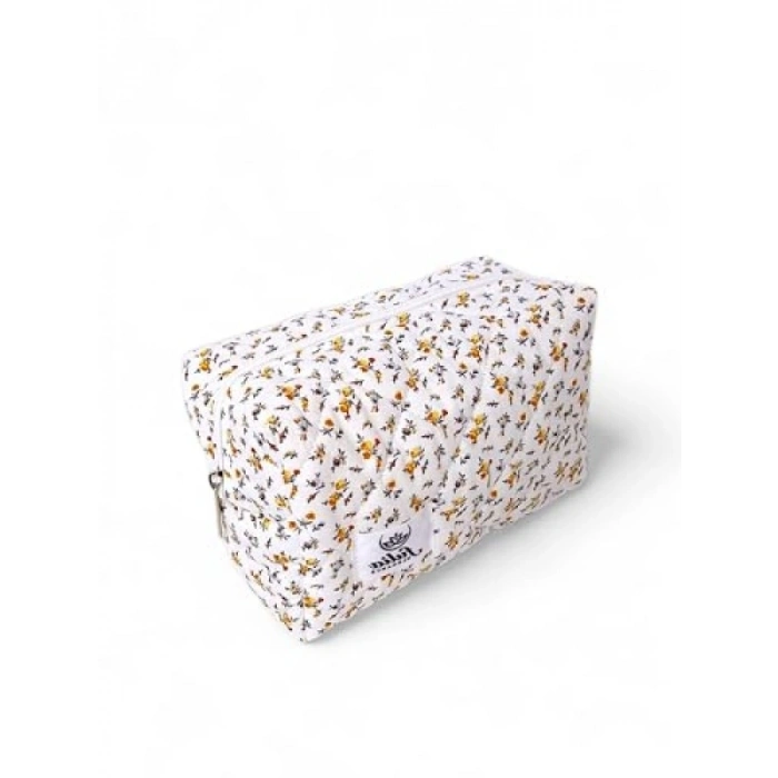 Kapitone Tasarımlı Makyaj Çantası - Beyaz-Sarı