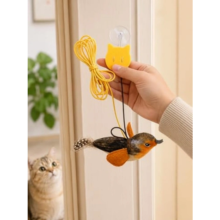 Kapıya Asılabilen Sesli Kuşlu Kedi Eğlence Oyuncağı, Elastik