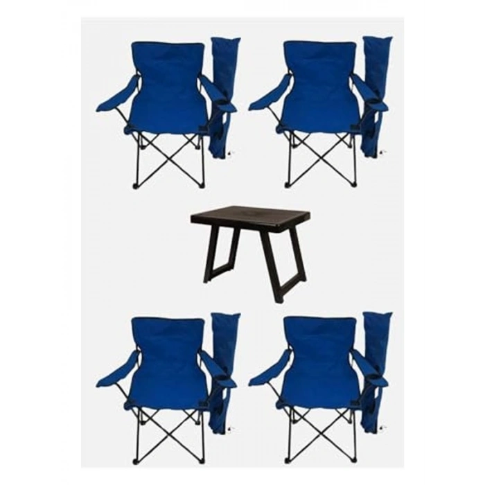 Katlanabilir 4 Adet Mavi Kamp Sandalyesi ve 50x40 cm Masa Seti