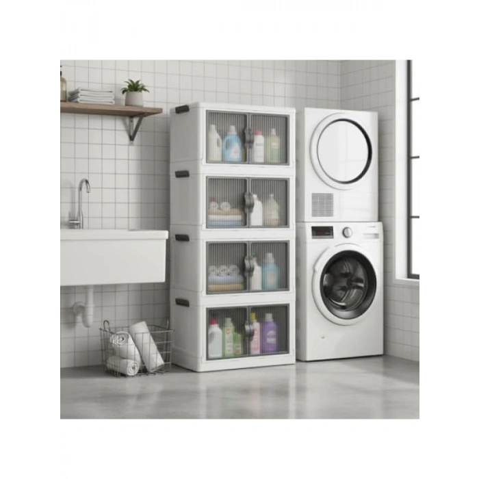 Katlanabilir 4 Katlı Portatif Saklama Dolabı, Beyaz-Gri