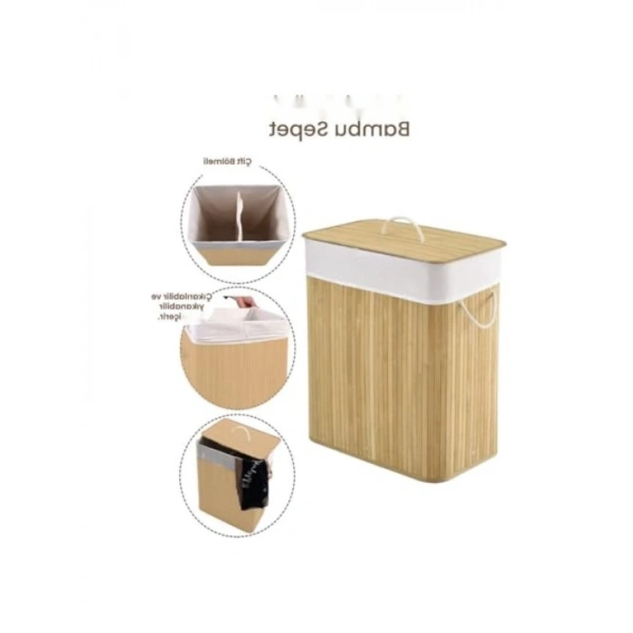 Katlanabilir Doğal Bambu Çamaşır Sepeti, 2 Bölmeli