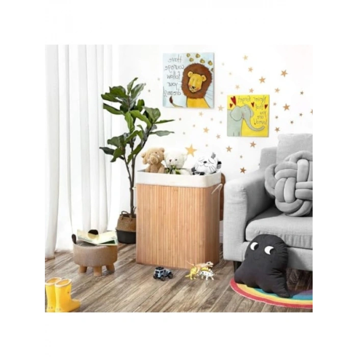 Katlanabilir Doğal Bambu Çamaşır Sepeti, 2 Bölmeli