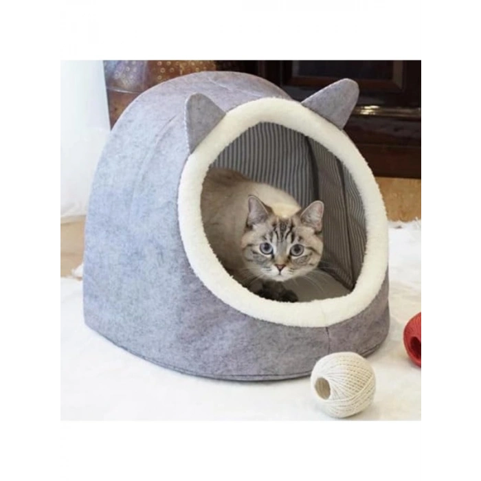 Katlanabilir keçe kedi evi, peluşlu yuva, gri renk