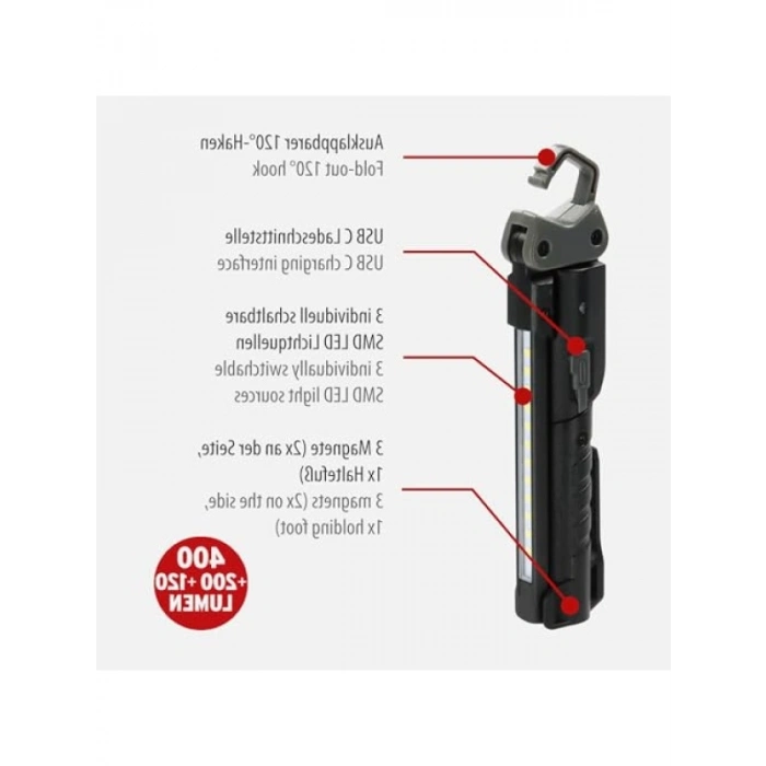 Katlanabilir LED Atölye Lambası - 400 Lm, USB C Şarjlı