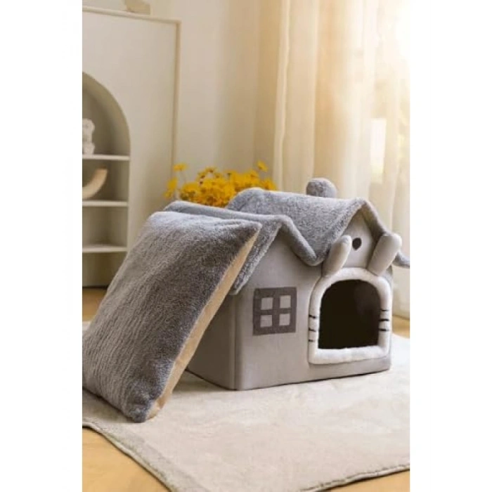 Katlanabilir Peluş Kedi Evi, 45x45 cm Yumuşak Yatak
