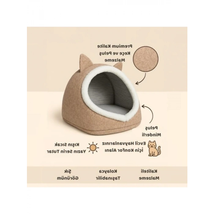 Katlanabilir Peluş Kedi ve Köpek Yatağı (Bej, L)