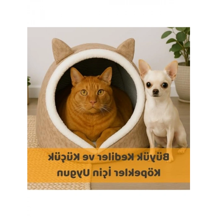 Katlanabilir Peluş Kedi ve Köpek Yatağı (Bej, L)