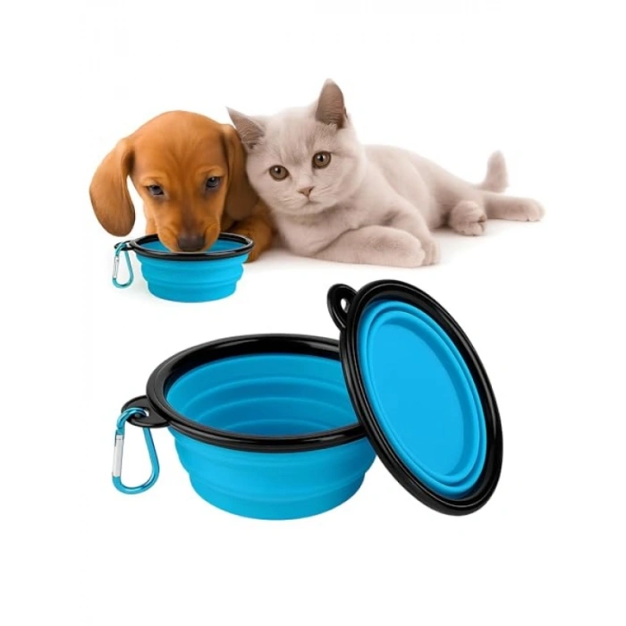 Katlanabilir Silikon Mama ve Su Kabı - 350 ML - Mavi