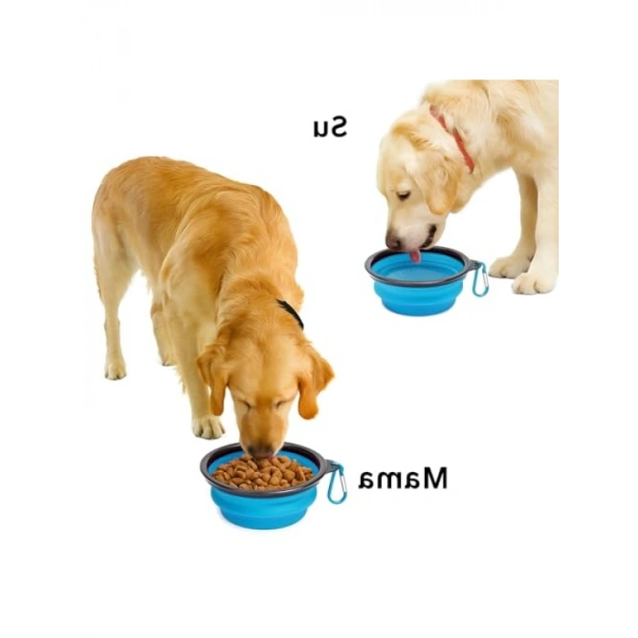 Katlanabilir Silikon Mama ve Su Kabı - 350 ML - Mavi