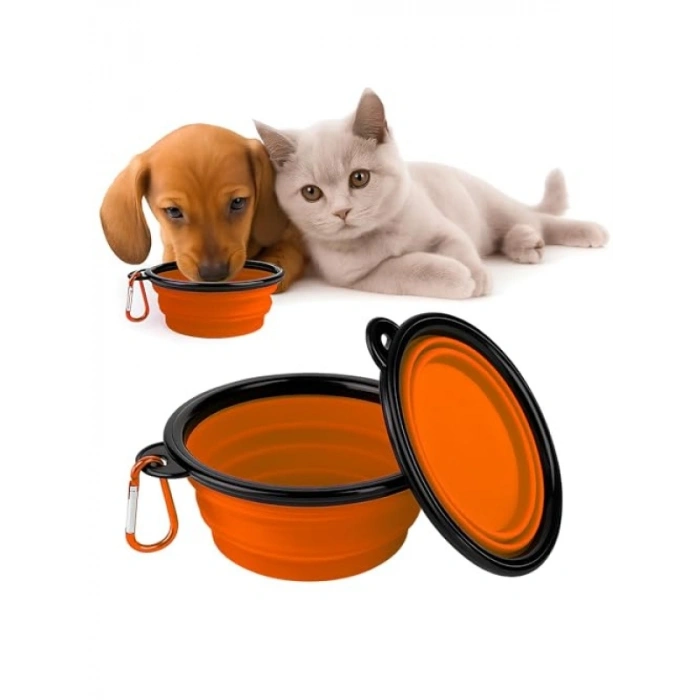 Katlanabilir Silikon Mama ve Su Kabı (350 ML, Turuncu)