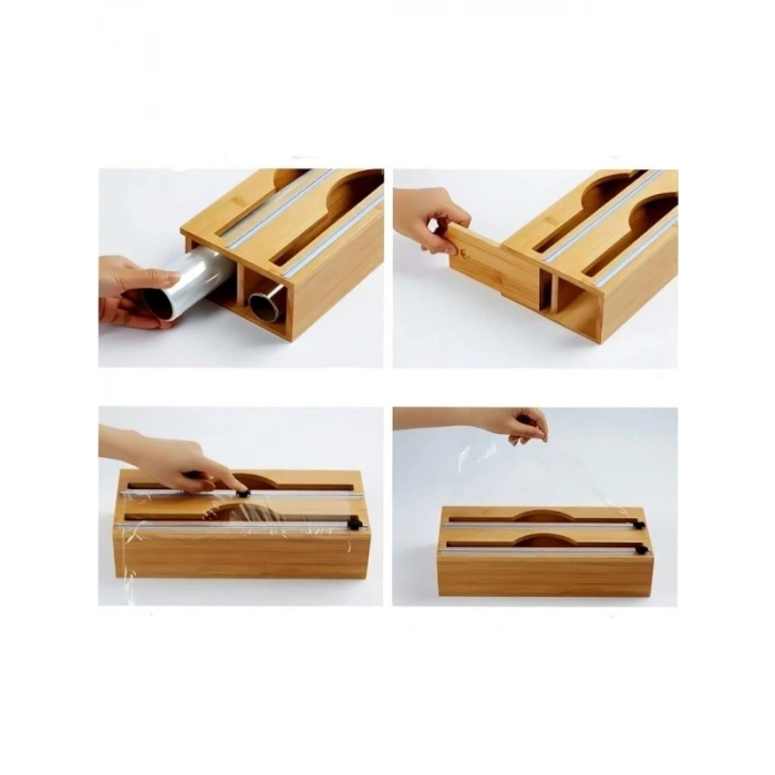 Kaydırılabilir Kesicili Bambu Mutfak Organizeri, 2si 1 Arada Folyo Düzenleyici