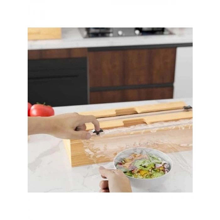 Kaydırılabilir Kesicili Bambu Mutfak Organizeri, 2si 1 Arada Folyo Düzenleyici