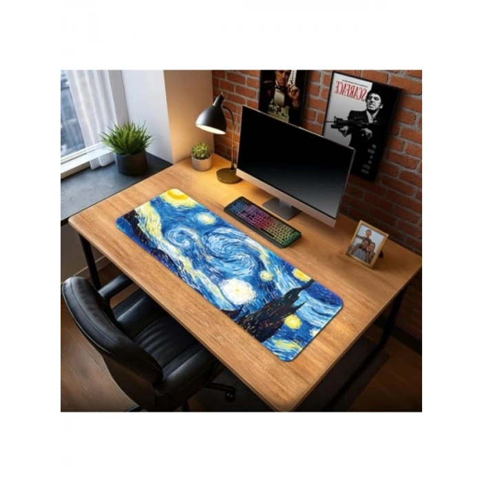 Kaymaz Oyun Klavye Mouse Pad 70x30cm - Van Gogh Yıldızlı Gece Tasarımı