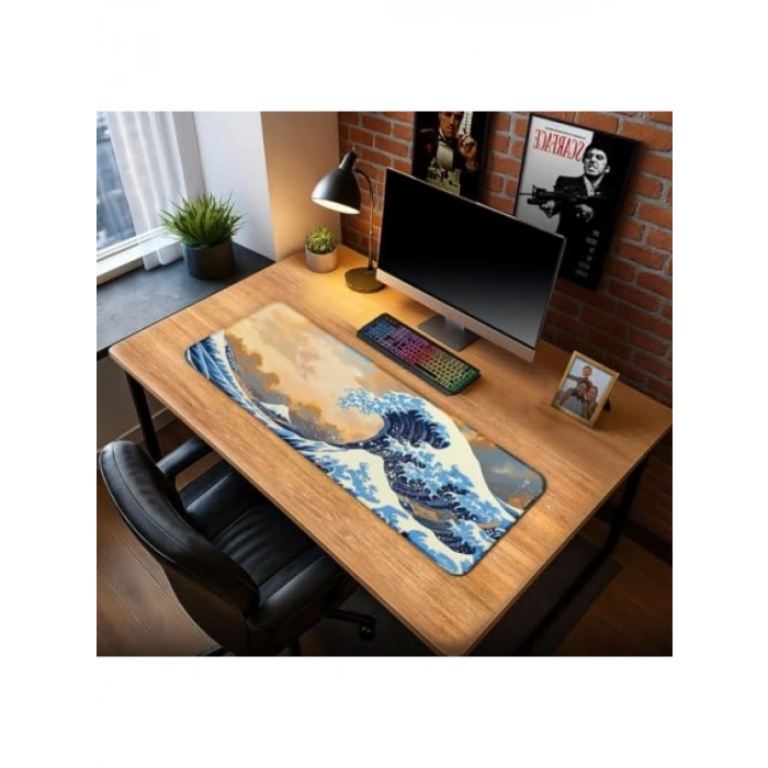 Kaymaz Oyun Klavye ve Mouse Pad - Hokusai Dalgalar Temalı, 70x30 cm