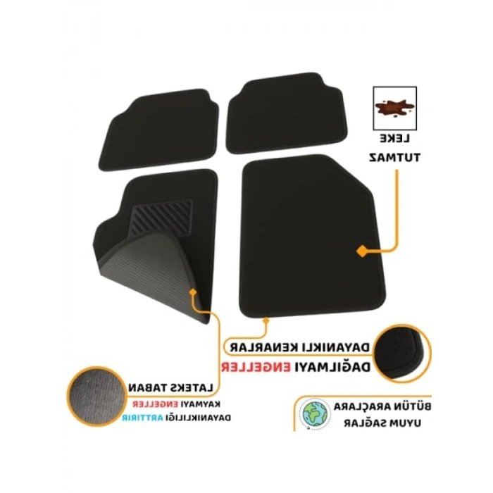 Kaymaz Tabanlı Yıkanabilir Araç Paspası - 4 Parça Set