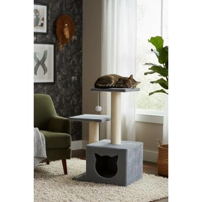 Kedi Görünümlü Antrasit Renkli Tırmalama, Stepli Yuvalı