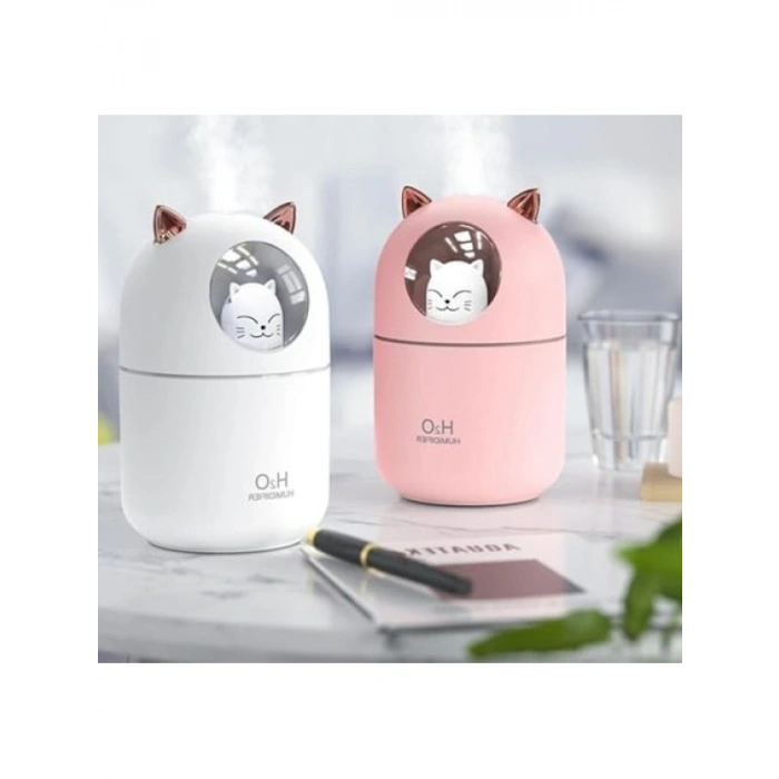 Kedi Karakterli RGB LED Nemlendirici, Beyaz
