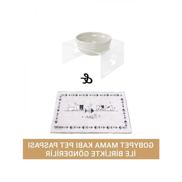 Kedi Mama ve Su Kabı, Pleksi ve Seramik Set, Beyaz