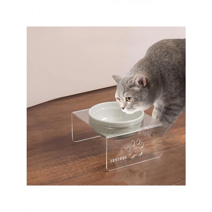 Kedi Mama ve Su Kabı, Pleksi ve Seramik Set, Beyaz