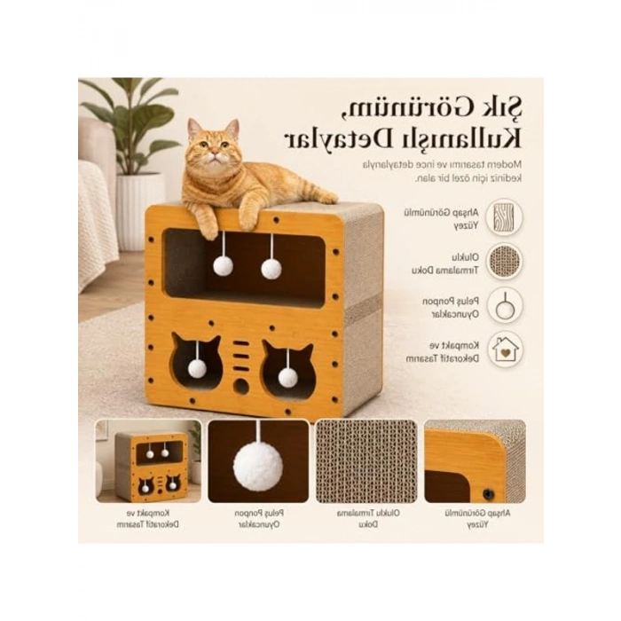 Kedi Tırmalama Evi, Ahşap ve Peluş, 45x28x51 cm