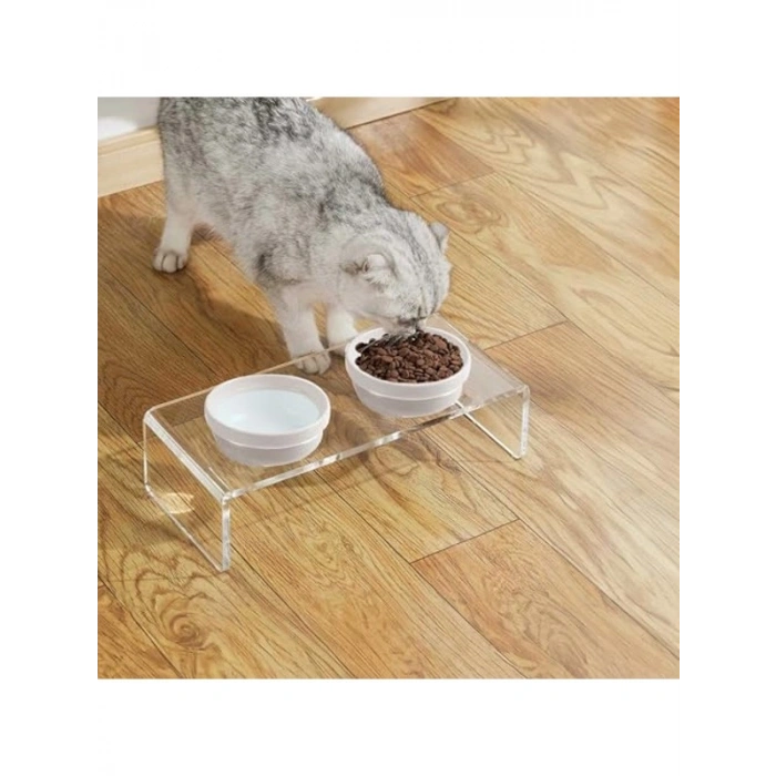 Kedi ve Köpek Mama ve Su Kabı, Çift Hazneli Pleksi Set
