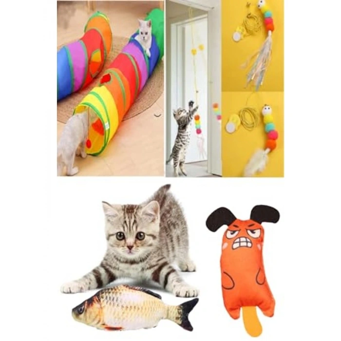 Kedi ve köpek oyuncak seti, tünel ve peluş balık içerir