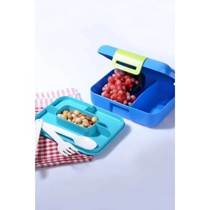 Kendinden Kaşıklı 2 Katlı Beslenme Kutusu, 5 Bölmeli, Mavi