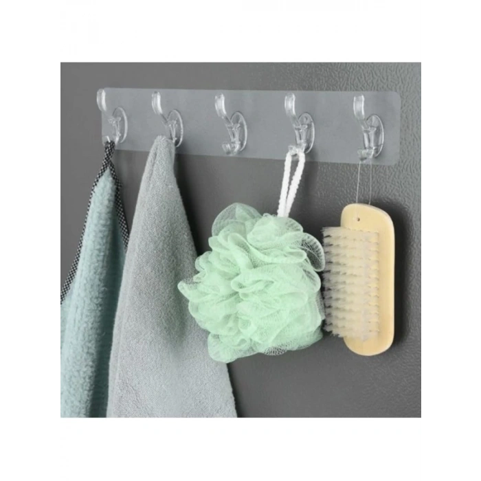 Kendinden Yapışkanlı 5 Kancalı Askı Seti (2 Adet, Şeffaf)