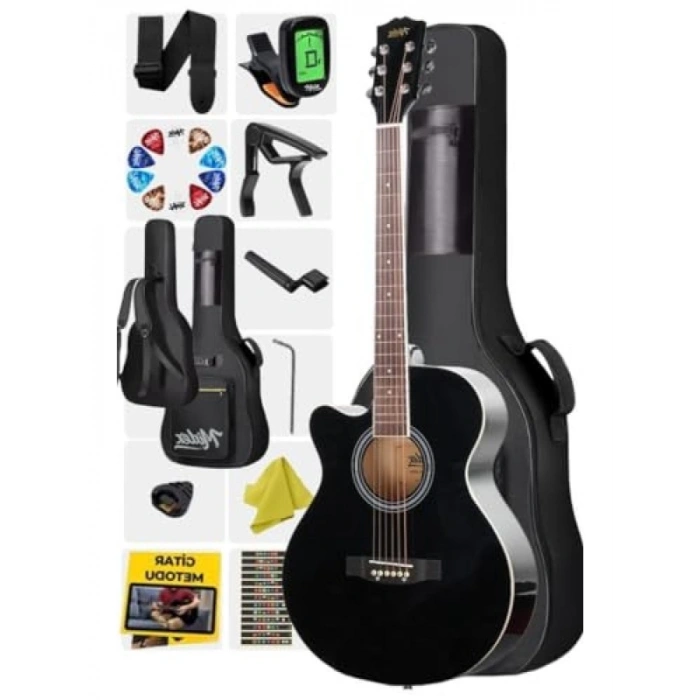 Kesik Kasa Siyah Akustik Gitar, 4/4 Yetişkin Modeli