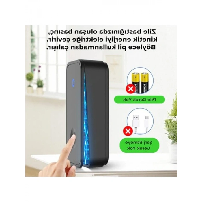 Kinetik Enerjili Kablosuz Kapı Zili, LED Işıklı, Su Geçirmez