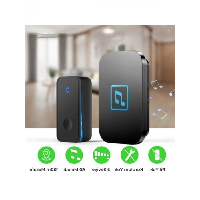 Kinetik Enerjili Kablosuz Kapı Zili, LED Işıklı, Su Geçirmez