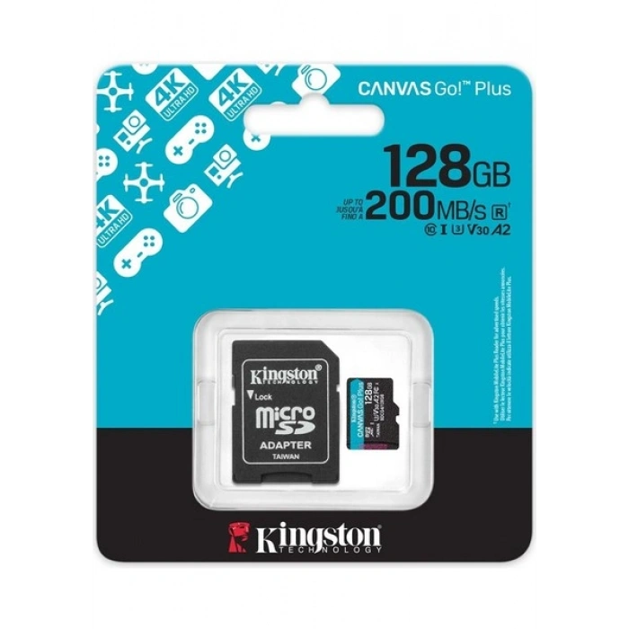 Kingston SDCG4-128GB 128GB microSDXC Canvas Go Plus Gen4 200MB-s A2 U3 V30 Card + ADP Hafıza Kartı