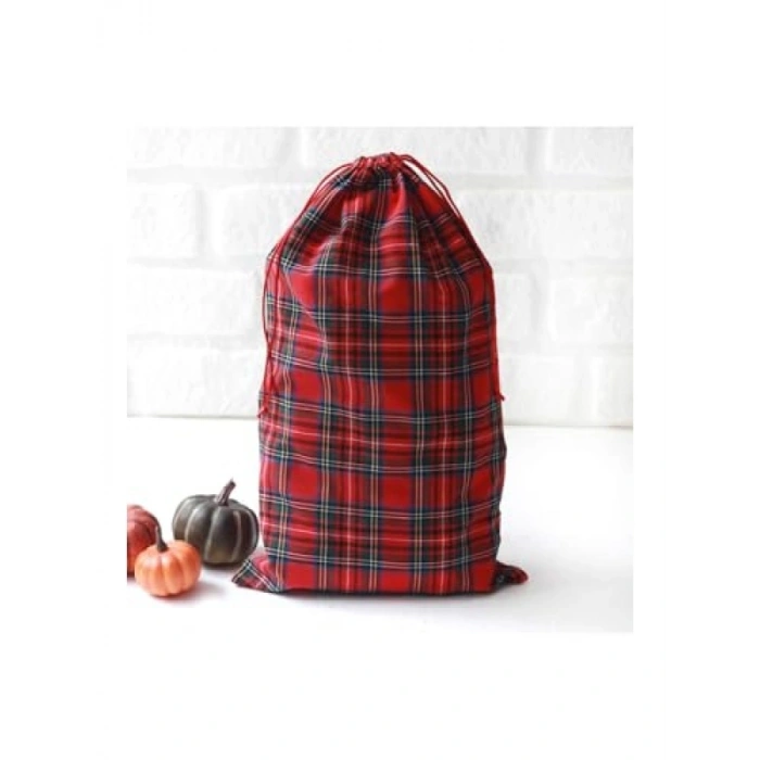 Kırmızı Ekose Yılbaşı Hediye Kesesi - 25x40 cm, 10 Adet