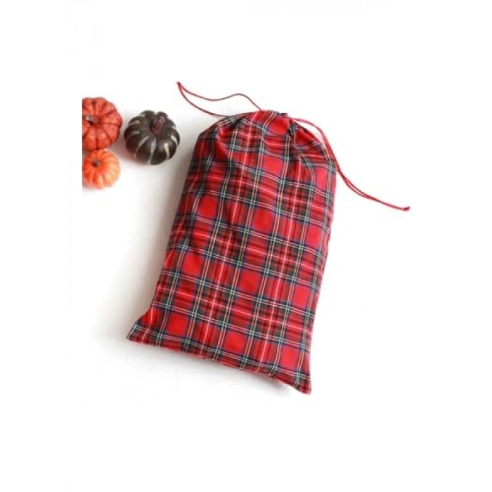 Kırmızı Ekose Yılbaşı Hediye Kesesi - 25x40 cm, 10 Adet