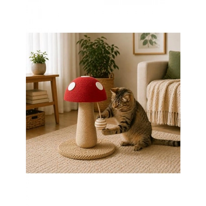 Kırmızı Mantar Tasarımlı Kedi Tırmalama Standı - Interaktif
