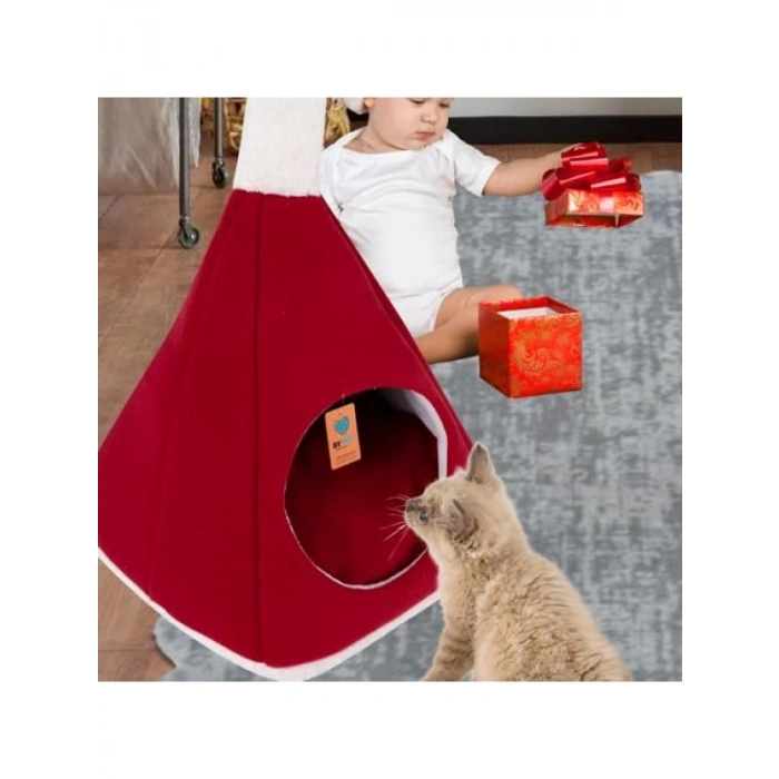 Kırmızı Piramit Şekilli Kedi Yatağı