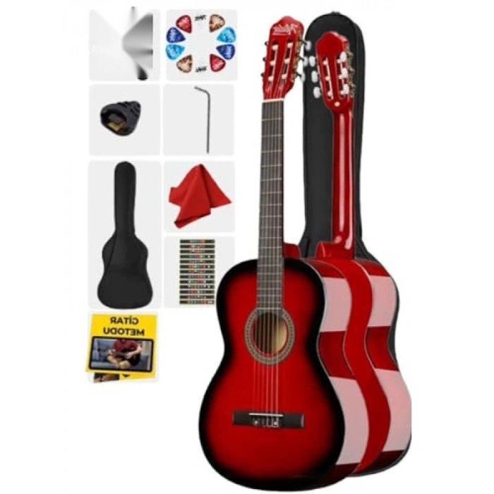 Kırmızı Renk Klasik Gitar - 4/4 Yetişkin Boy Tam Set