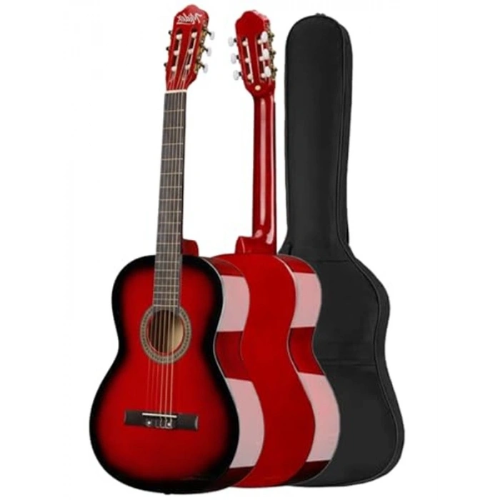 Kırmızı renkli 4/4 klasik gitar seti, yetişkin boy sap ayarı ile